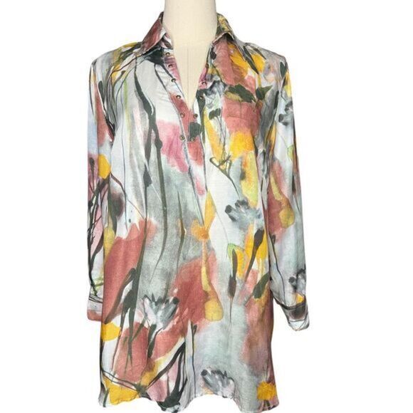 JOHN‎ MARK Watercolor Floral V-neck Long Sleeve Tunic Shirt Size Small - Picture 1 of 12